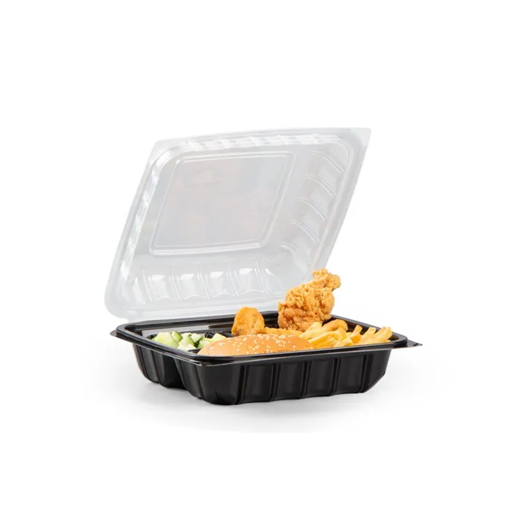 YANG RUI New Item Eco Friendly Take Out Food Container T To Go Box Restaurant Schwarz Tabletts mit 3 Fächern und durchsichtiger Oberseite